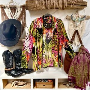 Tropical boho vibe semi sheer burned out fabric open front cardigan vacay vibe
